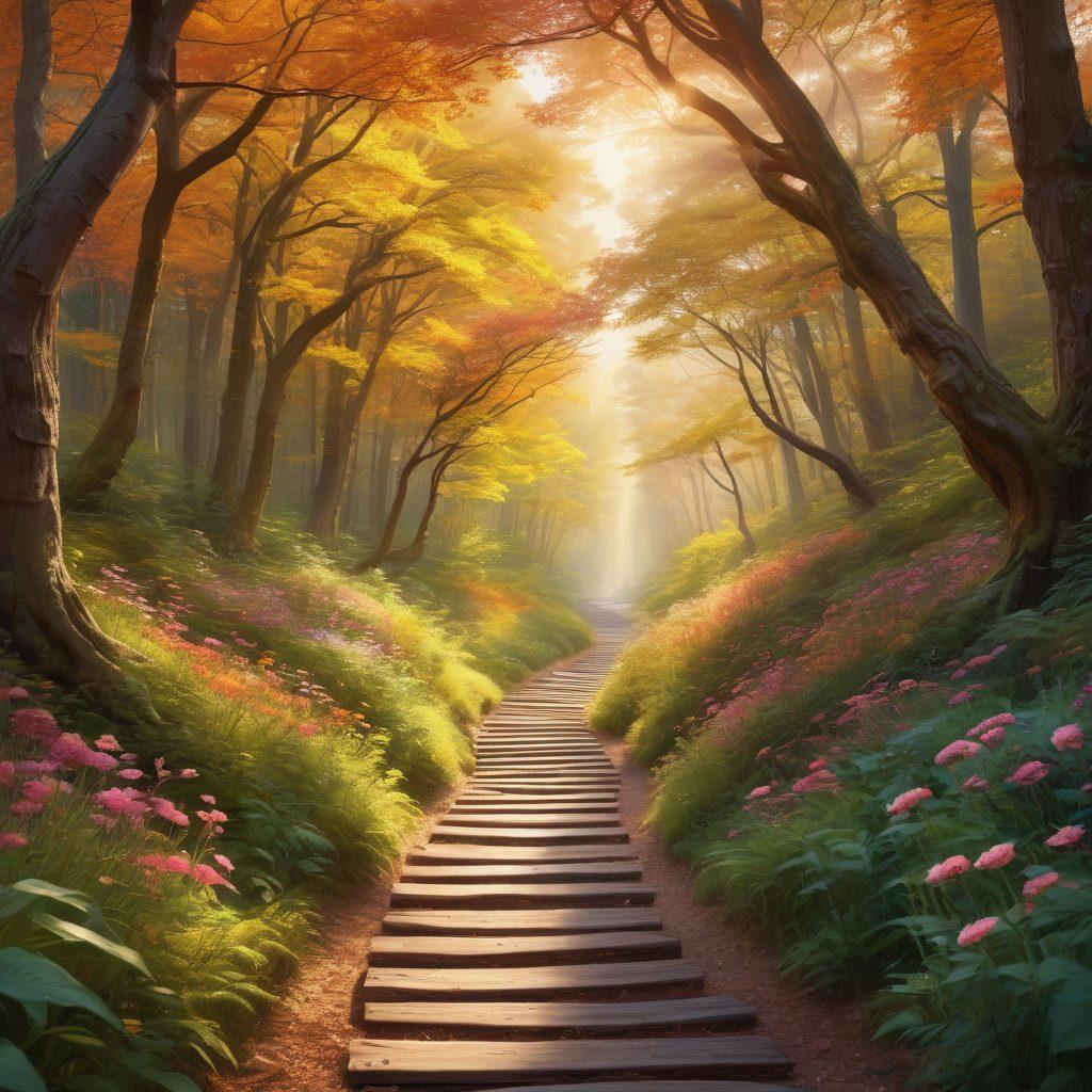 A serene landscape depicting a winding path through a vibrant forest, symbolizing the journey of cancer with light filtering through the trees. Along the path, illustrated signs represent empowering stories, research milestones, and supportive strategies. The image should convey hope and resilience with warm colors and gentle details. super-realistic. vibrant colors. soothing atmosphere.