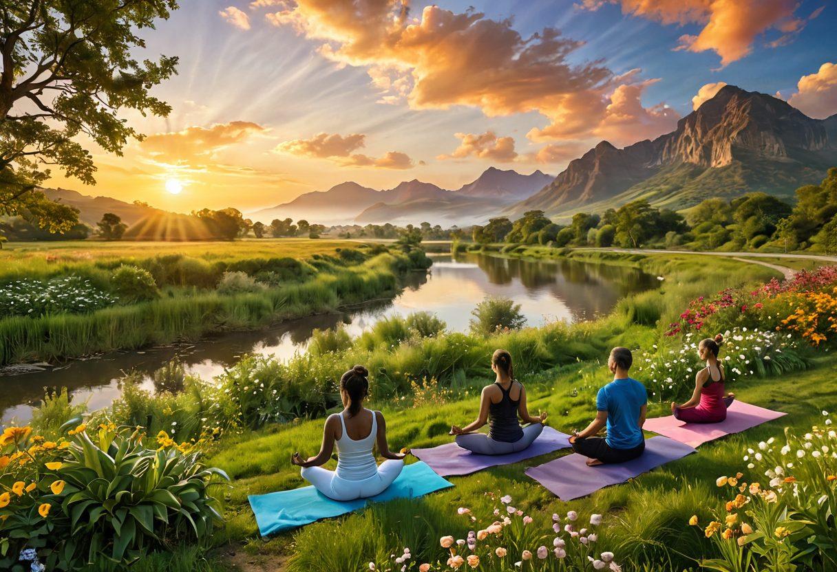 A serene landscape featuring a peaceful sunrise over a lush green valley, symbolizing renewal and empowerment. Include diverse individuals practicing yoga and meditation along the riverbank, embodying wellness and preventive health. The sky radiates warm golden hues, while the foreground showcases vibrant flowers and healthy foods. super-realistic. vibrant colors. peaceful atmosphere.